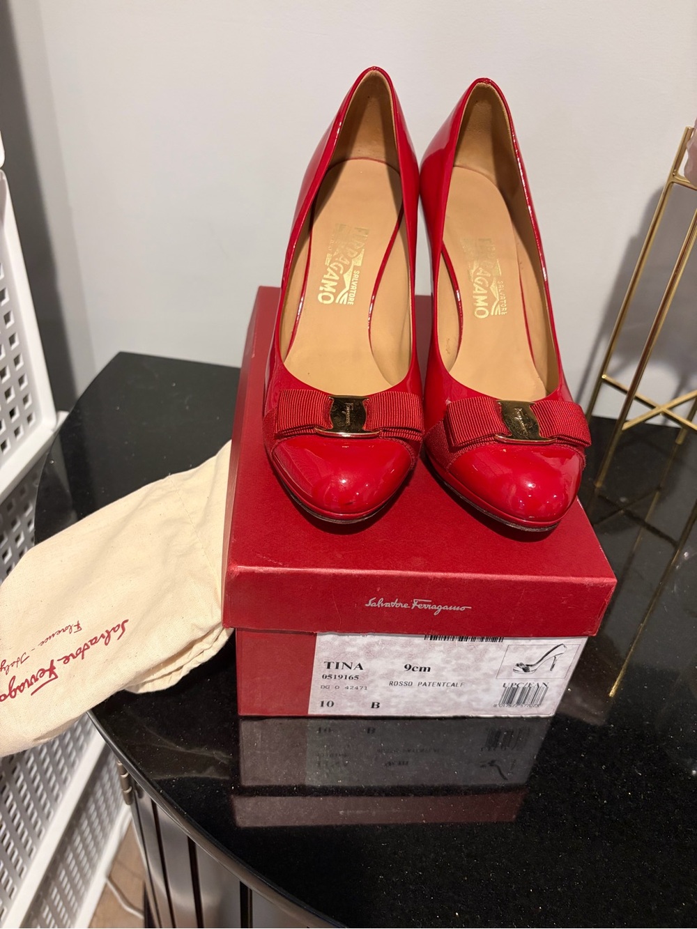 Salvatore Ferragamo Red Patent Leather Bow Pumps